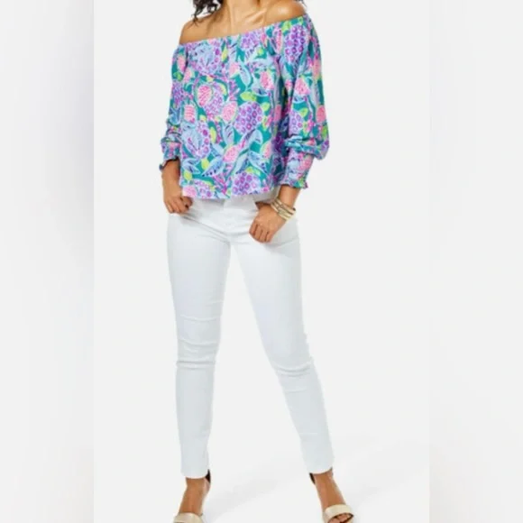 LILLY PULITZER Lana Off the Shoulder Top Maldives Green Turtle Wave Size XL - Picture 2 of 11